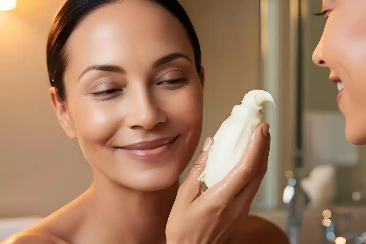 woman applying body lotion