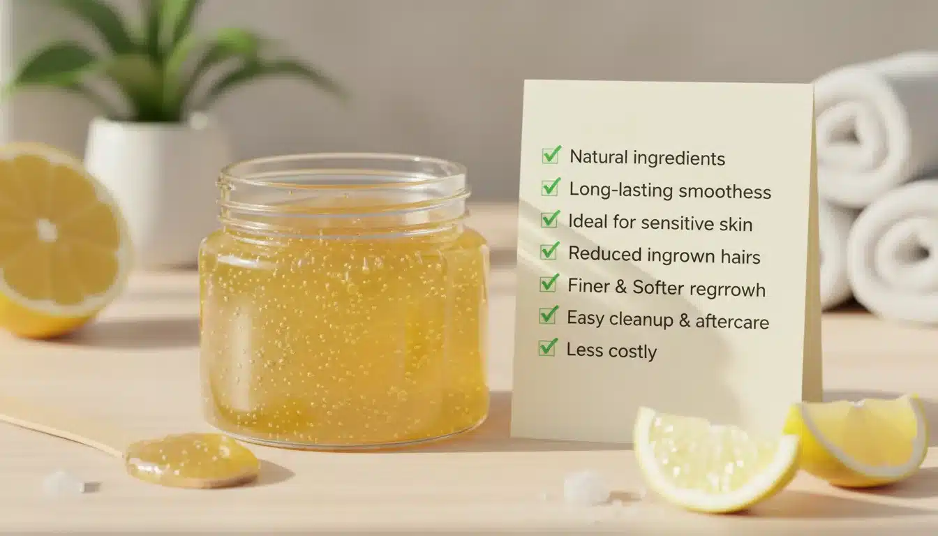 Add a photo of a jar where there is sugar paste and on the side, (Natural ingredients, Long-lasting smoothness, Ideal for sensitive skin, Reduced Ingrown Hairs, Finer & Softer Regrowth, Easy Cleanup & Aftercare, Effective on Short Hairs, Less Costly) these things are given as Tick Mark.