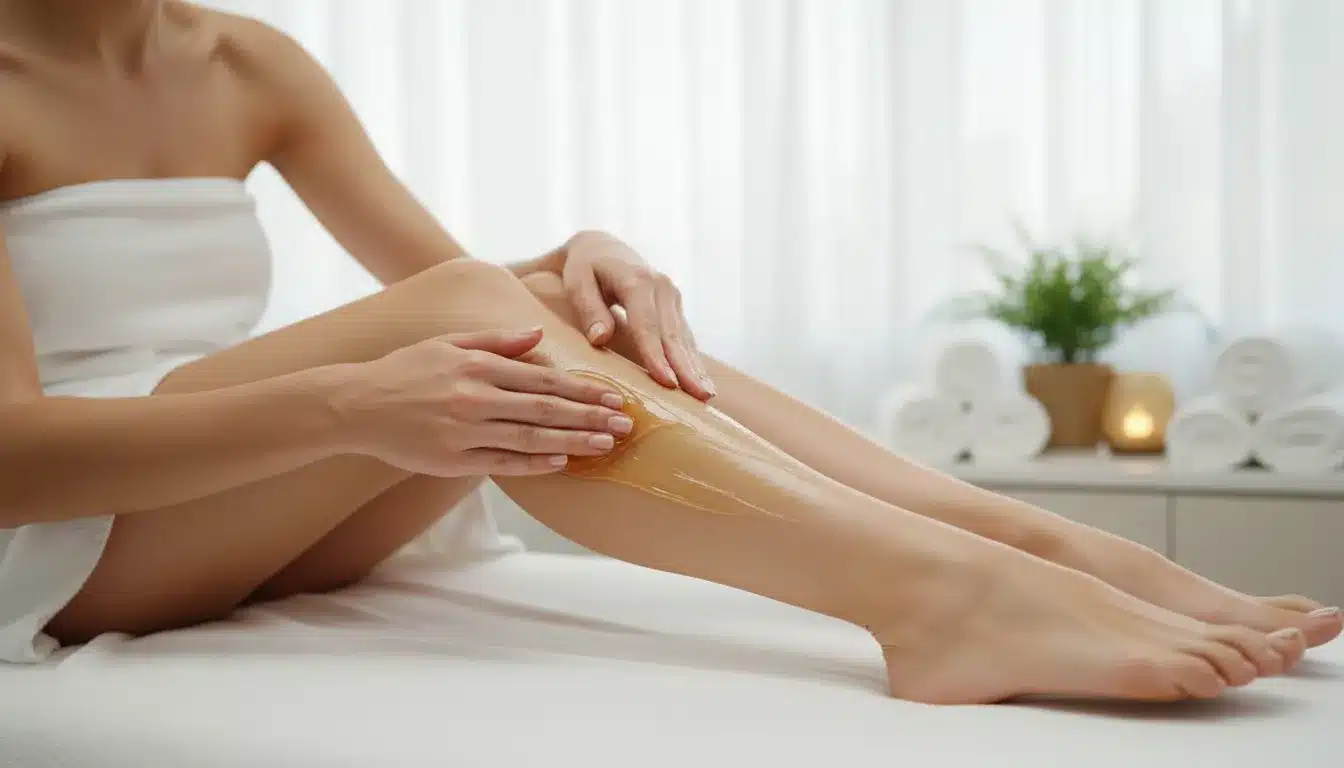 Add a woman who is doing sugaring on leg