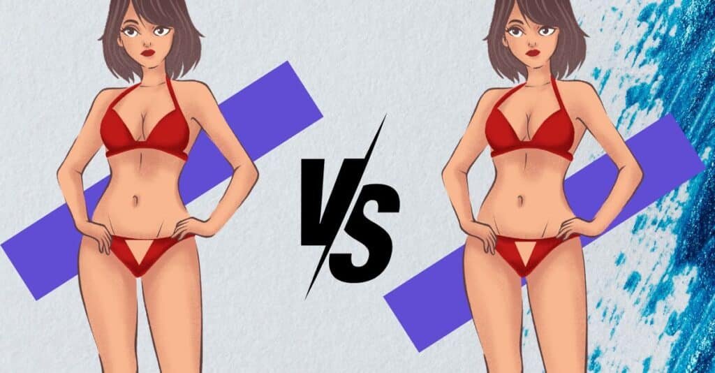 The image shows a clear comparison between bikini wax vs extended bikini wax. A "bikini wax" only removes hair from the visible bikini line, and "extended bikini wax" removes hair from a slightly larger area, further into the sides and top of the bikini line.