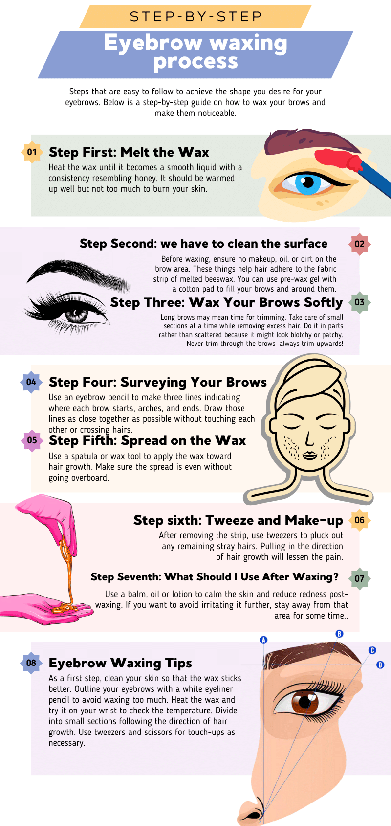 Step-by-Step eyebrow waxing process: (Melt the wax, clean the surface, wax your brows softly, survey your brows, spread on the wax, tweeze, and apply makeup. What should I use after waxing)