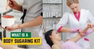 Woman using body sugaring kit for hair removal at home.