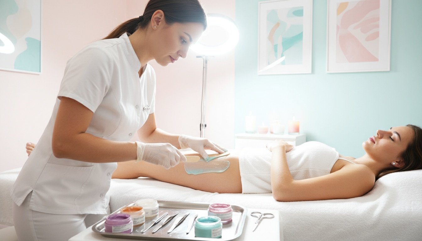 Esthetician performing Brazilian wax treatment