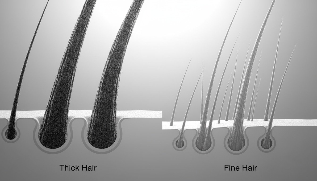 “An educational, realistic side-by-side comparison illustration of thick coarse hair versus fine thin hair. On the left side, show a close-up of thick, strong, dark hair strands emerging from skin follicles, each hair appearing wide, bold, and textured. On the right side, show fine, light, soft, thin hair strands that are much narrower and more delicate, also growing from follicles. Use a neutral background with a subtle gradient to highlight the difference. Add clean labeling text: ‘Thick Hair’ and ‘Fine Hair’ under each section. The style should be medical-illustration-like, clear, and professional, with high detail and realism.”