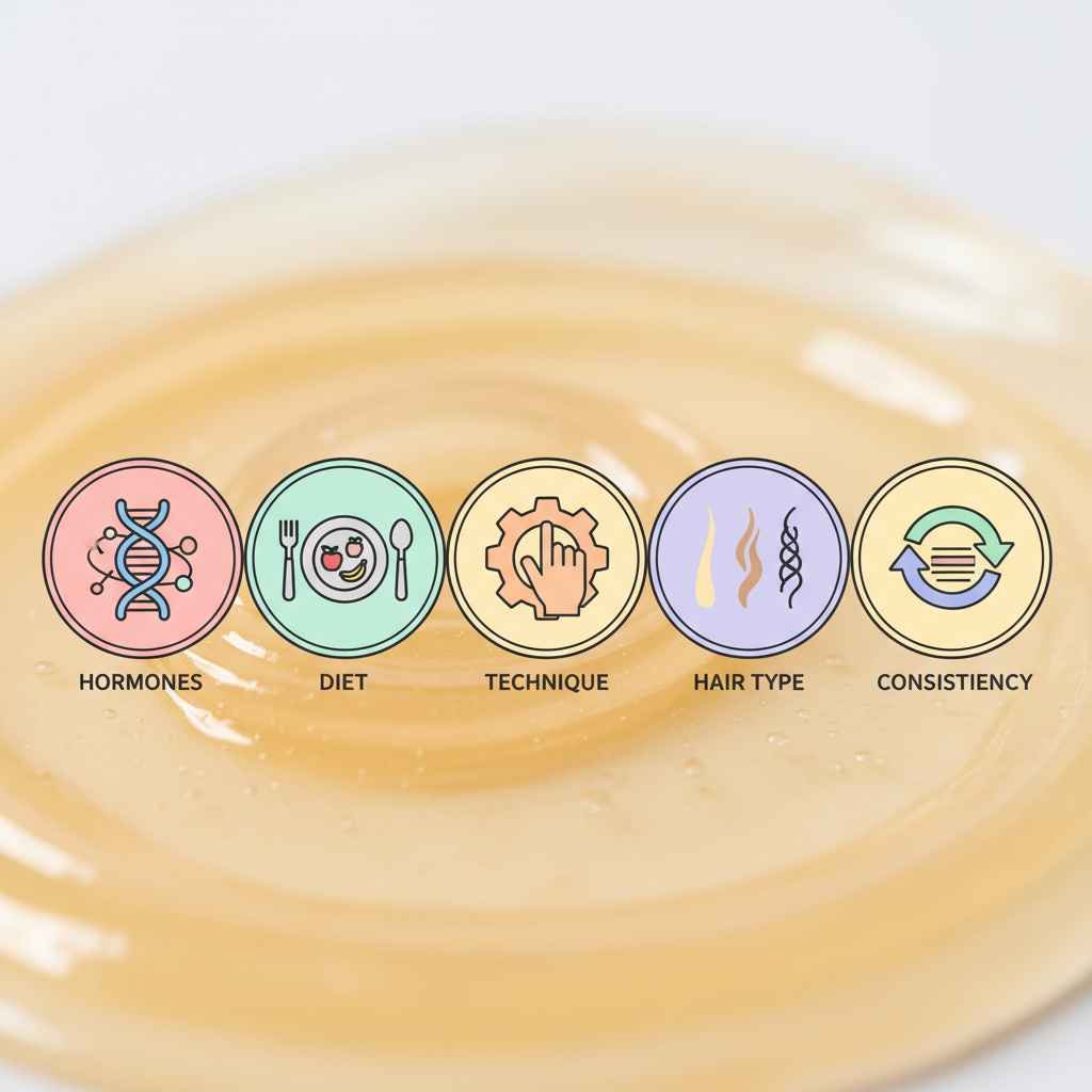 Icons representing hormones, diet, technique, hair type, consistency.