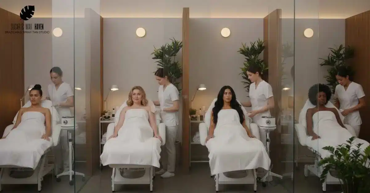 Two women, one wincing, another relaxed during Brazilian wax.