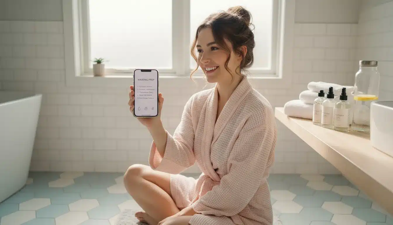 A cheerful woman holding her phone with a screenshot of waxing prep steps, sitting in a bright and cozy bathroom. Skincare items, soft towels, and a water bottle are nearby, showing how simple preparation makes the Brazilian waxing process smooth and stress-free