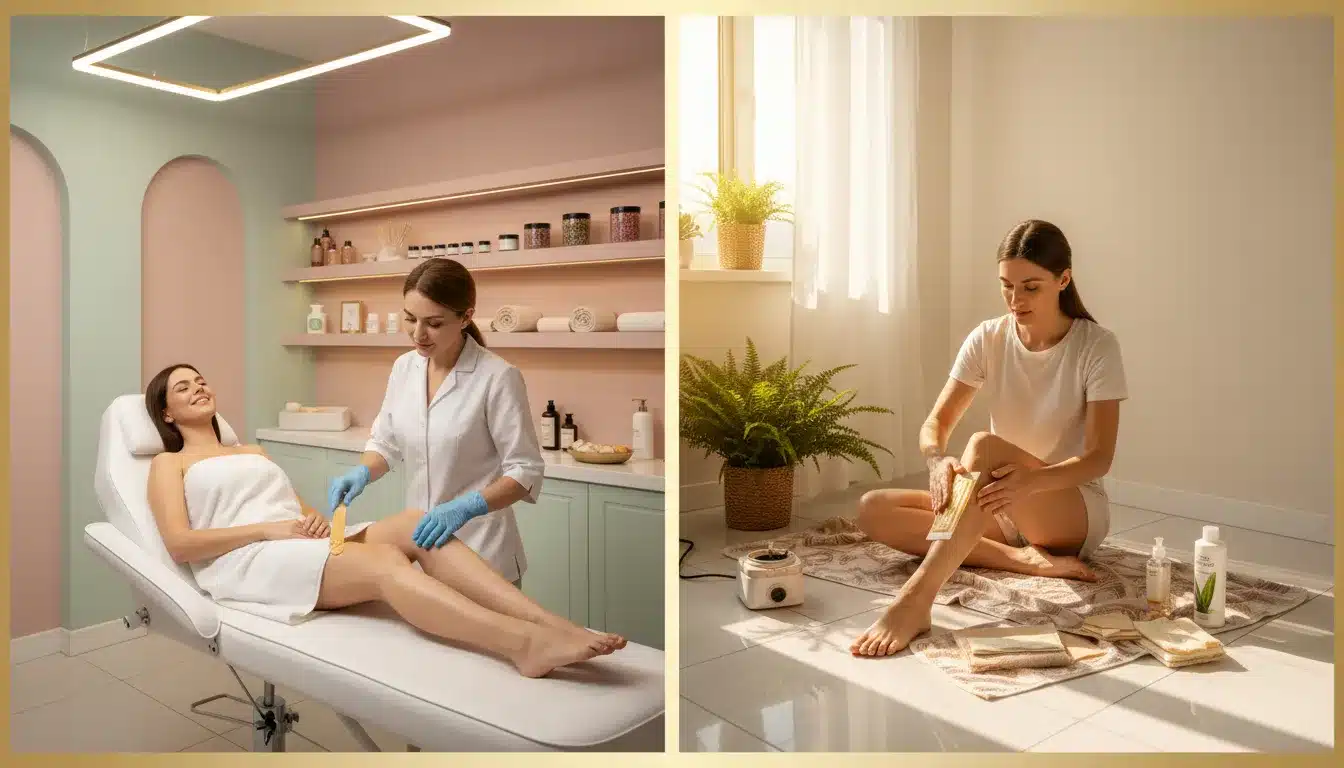 A split image showing two scenes side by side: on one side, a woman relaxing at a salon while a professional esthetician performs a Brazilian wax; on the other side, another woman confidently doing her own waxing at home. The image highlights the contrast between expert care at a salon and the comfort and privacy of DIY waxing.