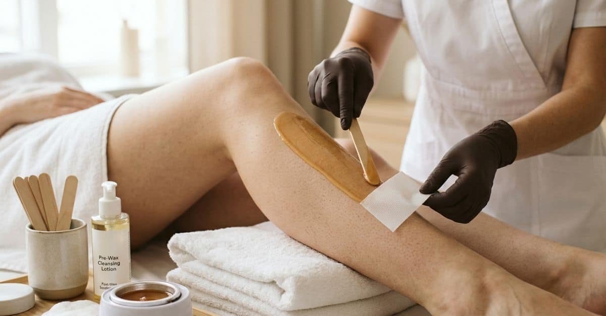 “Leg waxing process with wax application”