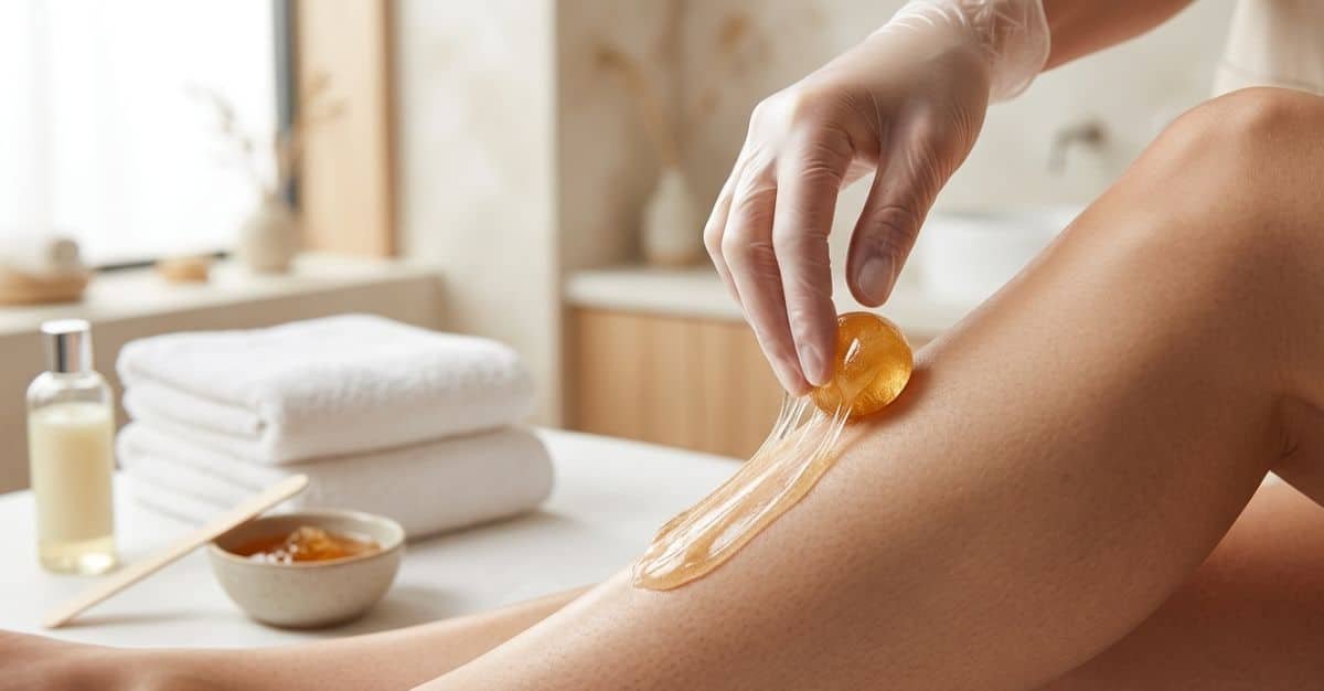 A clean, close-up shot of sugaring hair removal in progress, showing a hand applying a ball of sugar paste on the skin and gently removing it. Keep the setting bright, minimal, and hygienic (spa-like feel with soft towels and neutral tones.