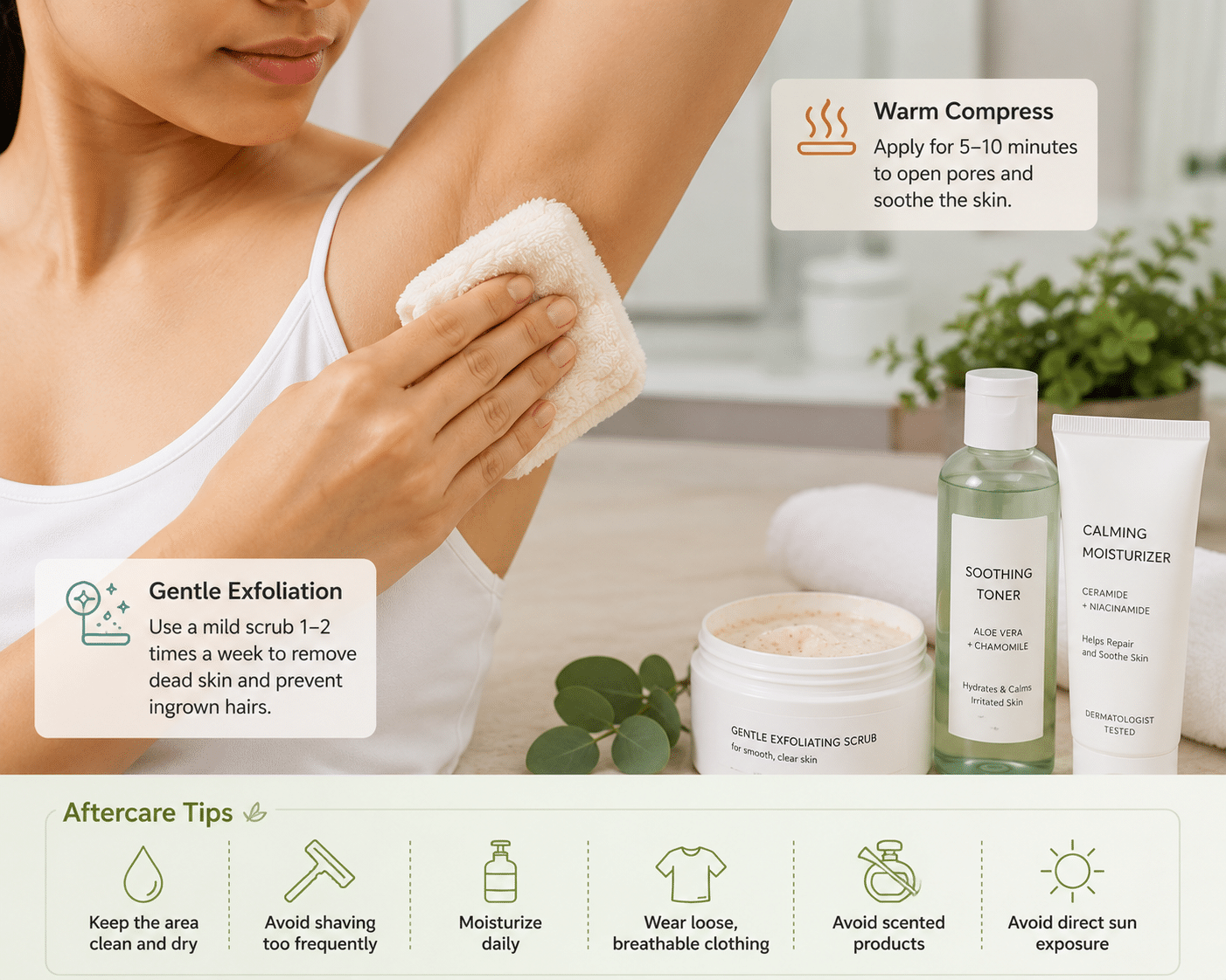 Underarm ingrown hair using a warm compress and gentle exfoliation.